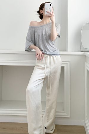 Loose Oversized Asymmetrical Off-Shoulder T-Shirt for Women - Tencel Slightly Sheer Summer Top, Versatile Short Sleeve Style