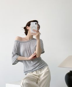 Loose Oversized Asymmetrical Off-Shoulder T-Shirt for Women - Tencel Slightly Sheer Summer Top, Versatile Short Sleeve Style