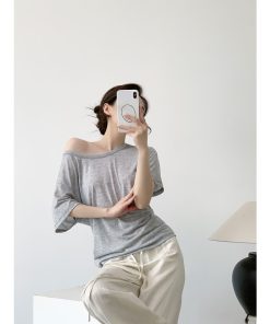 Loose Oversized Asymmetrical Off-Shoulder T-Shirt for Women - Tencel Slightly Sheer Summer Top, Versatile Short Sleeve Style