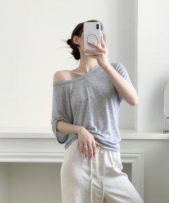 Loose Oversized Asymmetrical Off-Shoulder T-Shirt for Women - Tencel Slightly Sheer Summer Top, Versatile Short Sleeve Style