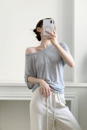 Loose Oversized Asymmetrical Off-Shoulder T-Shirt for Women - Tencel Slightly Sheer Summer Top, Versatile Short Sleeve Style