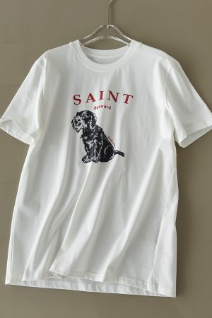 Loose Pure Cotton T-Shirt with Hand-Drawn St. Bernard Dog Print, Round Neck, Short Sleeves, 2025 Summer Style