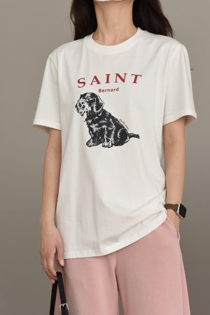 Loose Pure Cotton T-Shirt with Hand-Drawn St. Bernard Dog Print, Round Neck, Short Sleeves, 2025 Summer Style