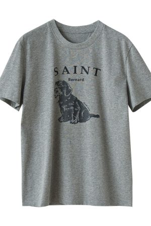 Loose Pure Cotton T-Shirt with Hand-Drawn St. Bernard Dog Print, Round Neck, Short Sleeves, 2025 Summer Style