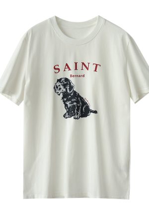 Loose Pure Cotton T-Shirt with Hand-Drawn St. Bernard Dog Print, Round Neck, Short Sleeves, 2025 Summer Style
