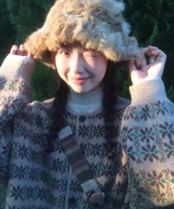 Loose Retro Color-Block Floral Knitted Cardigan Sweater Coat for Women - Pumpkin, Korean Style, Round Neck