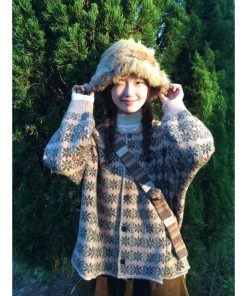Loose Retro Color-Block Floral Knitted Cardigan Sweater Coat for Women - Pumpkin, Korean Style, Round Neck