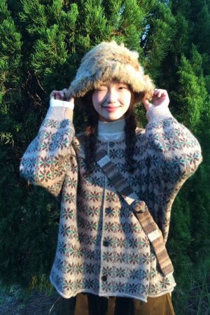 Loose Retro Color-Block Floral Knitted Cardigan Sweater Coat for Women - Pumpkin, Korean Style, Round Neck