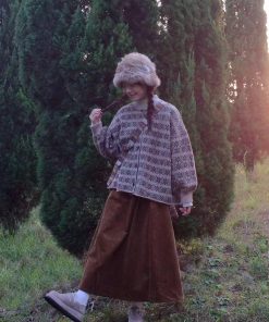 Loose Retro Color-Block Floral Knitted Cardigan Sweater Coat for Women - Pumpkin, Korean Style, Round Neck