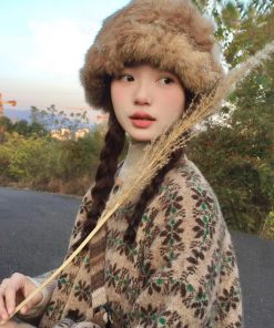 Loose Retro Color-Block Floral Knitted Cardigan Sweater Coat for Women - Pumpkin, Korean Style, Round Neck