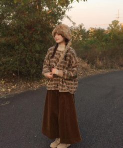 Loose Retro Color-Block Floral Knitted Cardigan Sweater Coat for Women - Pumpkin, Korean Style, Round Neck