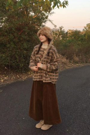 Loose Retro Color-Block Floral Knitted Cardigan Sweater Coat for Women - Pumpkin, Korean Style, Round Neck