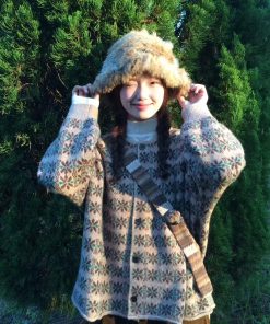 Loose Retro Color-Block Floral Knitted Cardigan Sweater Coat for Women - Pumpkin, Korean Style, Round Neck