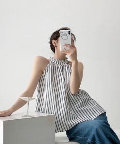 Loose Ruffled Edge Striped Linen Halter Neck Vest for Women - Summer French Style Off-Shoulder Top