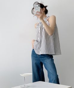 Loose Ruffled Edge Striped Linen Halter Neck Vest for Women - Summer French Style Off-Shoulder Top
