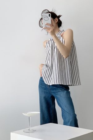 Loose Ruffled Edge Striped Linen Halter Neck Vest for Women - Summer French Style Off-Shoulder Top