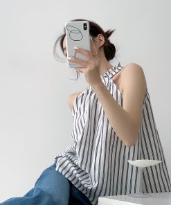 Loose Ruffled Edge Striped Linen Halter Neck Vest for Women - Summer French Style Off-Shoulder Top
