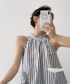Loose Ruffled Edge Striped Linen Halter Neck Vest for Women - Summer French Style Off-Shoulder Top