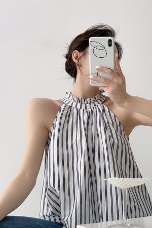 Loose Ruffled Edge Striped Linen Halter Neck Vest for Women - Summer French Style Off-Shoulder Top
