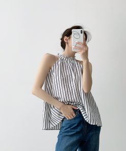 Loose Ruffled Edge Striped Linen Halter Neck Vest for Women - Summer French Style Off-Shoulder Top