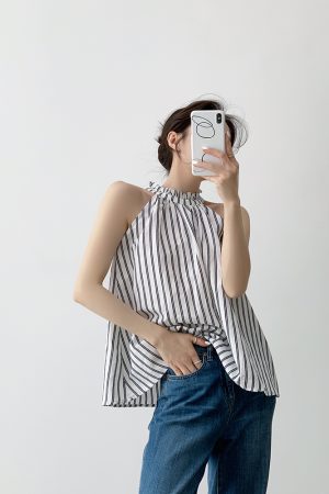 Loose Ruffled Edge Striped Linen Halter Neck Vest for Women - Summer French Style Off-Shoulder Top