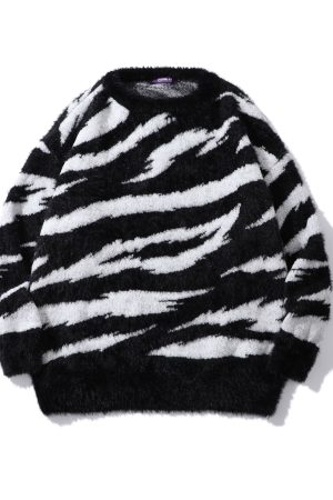 Loose Striped Wool Sweater for Women in Seahorse Design - Trendy Japanese and Korean Knitwear, Perfect for Y2K and 90s Style Fashion.