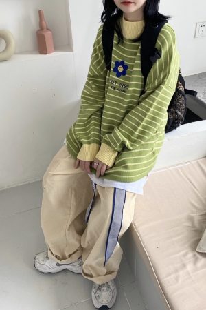 Loose Thick Striped Knitted Sweater with Embroidery - Round Neck, Unisex, Japanese and Korean Style, Autumn Winter Fashion