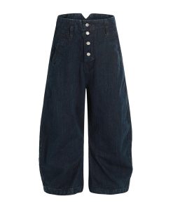 Loose Wide-Leg Jeans with Button Decoration in Raw Fabric - Trendy Machete Pants for Effortless Style and Comfort