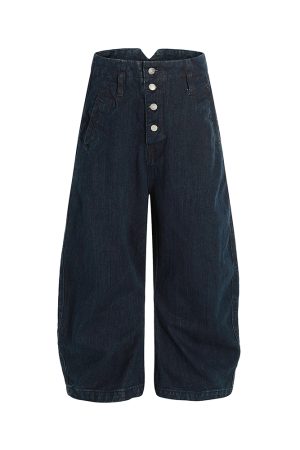 Loose Wide-Leg Jeans with Button Decoration in Raw Fabric - Trendy Machete Pants for Effortless Style and Comfort