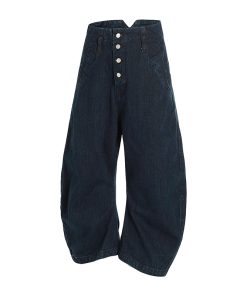 Loose Wide-Leg Jeans with Button Decoration in Raw Fabric - Trendy Machete Pants for Effortless Style and Comfort
