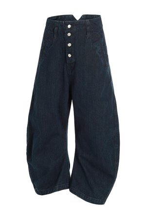 Loose Wide-Leg Jeans with Button Decoration in Raw Fabric - Trendy Machete Pants for Effortless Style and Comfort