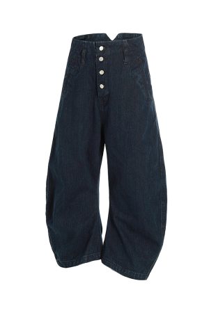 Loose Wide-Leg Jeans with Button Decoration in Raw Fabric - Trendy Machete Pants for Effortless Style and Comfort