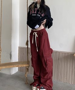 Loose Wide-Leg Red Cargo Pants for Men and Women - Trendy American Street Style Floor-Length Trousers for Street Dance Fashion