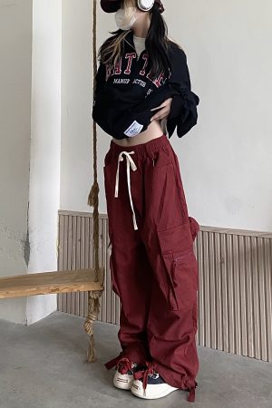 Loose Wide-Leg Red Cargo Pants for Men and Women - Trendy American Street Style Floor-Length Trousers for Street Dance Fashion