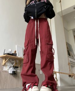 Loose Wide-Leg Red Cargo Pants for Men and Women - Trendy American Street Style Floor-Length Trousers for Street Dance Fashion