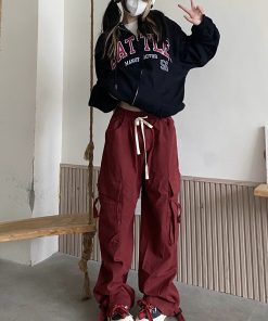 Loose Wide-Leg Red Cargo Pants for Men and Women - Trendy American Street Style Floor-Length Trousers for Street Dance Fashion