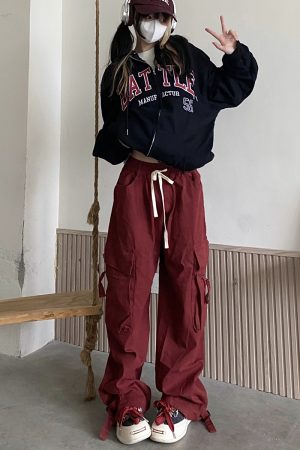 Loose Wide-Leg Red Cargo Pants for Men and Women - Trendy American Street Style Floor-Length Trousers for Street Dance Fashion