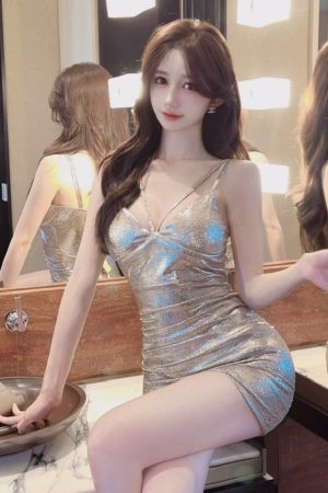 Low-Cut Deep V-Neck Shiny Silk Spaghetti Strap Dress - Sexy Nightclub & Work Uniform for Women, Y2K Party Style