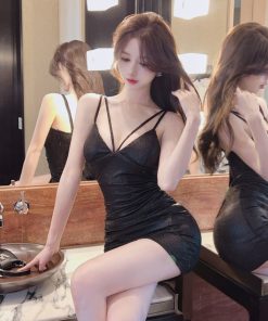 Low-Cut Deep V-Neck Shiny Silk Spaghetti Strap Dress - Sexy Nightclub & Work Uniform for Women, Y2K Party Style