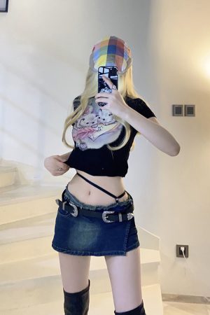 Low-Waist Tie-Up Bodycon Denim Skirt Pants - Retro American Style, Washed Finish, Streetwear Vibes, Trendy and Spicy