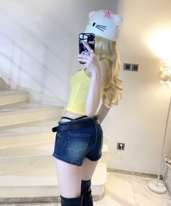 Low-Waist Tie-Up Bodycon Denim Skirt Pants - Retro American Style, Washed Finish, Streetwear Vibes, Trendy and Spicy