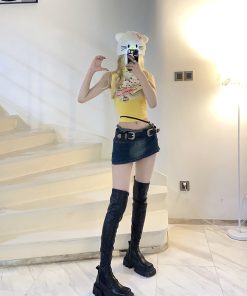 Low-Waist Tie-Up Bodycon Denim Skirt Pants - Retro American Style, Washed Finish, Streetwear Vibes, Trendy and Spicy