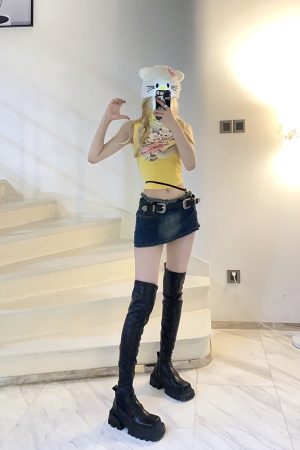 Low-Waist Tie-Up Bodycon Denim Skirt Pants - Retro American Style, Washed Finish, Streetwear Vibes, Trendy and Spicy