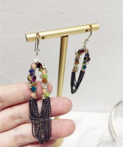 Luxurious Ethnic Style Color-Block Multi-Layer Tassel Hook Earrings with Crystal Accents - Boho Chic Accessories