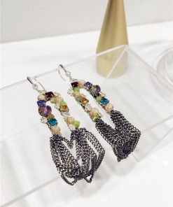 Luxurious Ethnic Style Color-Block Multi-Layer Tassel Hook Earrings with Crystal Accents - Boho Chic Accessories