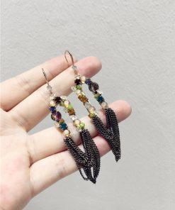 Luxurious Ethnic Style Color-Block Multi-Layer Tassel Hook Earrings with Crystal Accents - Boho Chic Accessories
