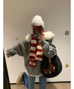 Luxurious Gray Hooded Woolen Coat with Fur Collar for Women - Winter Zip-Up Cardigan Outerwear