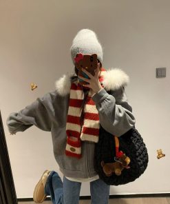 Luxurious Gray Hooded Woolen Coat with Fur Collar for Women - Winter Zip-Up Cardigan Outerwear