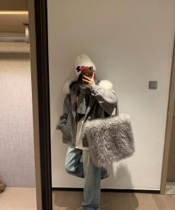 Luxurious Gray Hooded Woolen Coat with Fur Collar for Women - Winter Zip-Up Cardigan Outerwear
