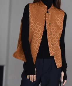 Luxury Chinese Style Embroidered Jacquard Sleeveless Stand Collar Vest Coat - Thick Silk Wool Padded Outerwear for Elegant Layering